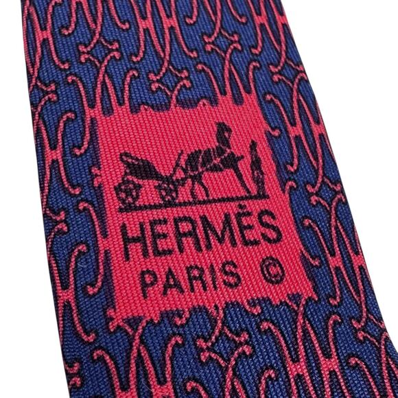 Hermes Paris Neck Tie Men's Blue Red Interlocking H Buckle Logo 3.5” X 57” - Picture 4 of 7